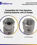 One Half Inch NPTF Female To One Half Inch NPSM Swivel Hydraulic Adapter With Carbon Steel Zinc Plated Construction Rust Resistant Ultra Durable And Precise Straight Swivel For Hydraulic Hoses And Valves. 1/2" NPTF and NPSM female fittings
