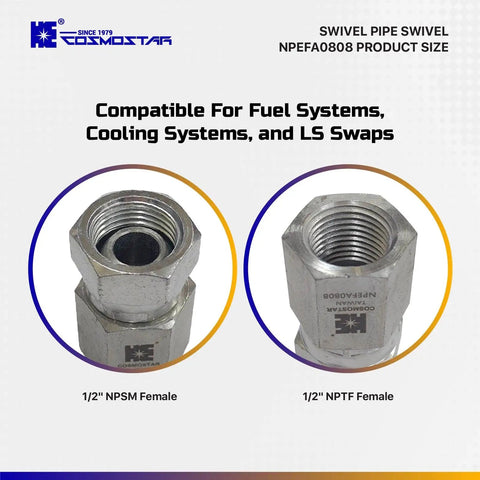 One Half Inch NPTF Female To One Half Inch NPSM Swivel Hydraulic Adapter With Carbon Steel Zinc Plated Construction Rust Resistant Ultra Durable And Precise Straight Swivel For Hydraulic Hoses And Valves. 1/2" NPTF and NPSM female fittings