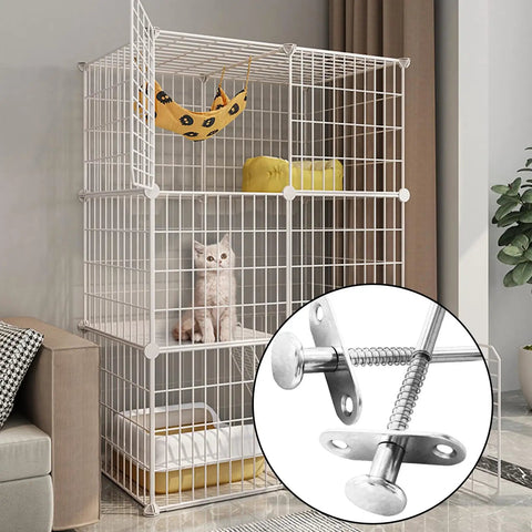 Two Piece Stainless Steel Spring Plunger Latch Lock Set 6.5 By 80 Mm built tough, shown on a pet cage with a cat.