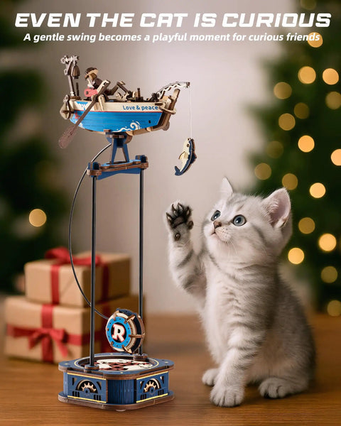 Kitten plays with 3D Wooden Puzzle Kit For Adults Featuring Gravity Swing Ship Model And Aircraft Model Building Set For Teens 14 Plus A Collectible Boat And Plane DIY Craft For Home Display History Buffs