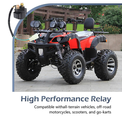 Plug And Play 12V Starter Relay For Four Wheel Scooters Go Karts And Motocross Heavy Duty Solenoid Switch with ATV background.