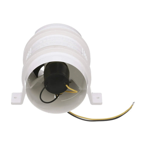 Turbo 4000 Series II In Line Blower For 4 Inch Vent Hose Water Resistant 12 Volt Marine Vent Fan front view with wires