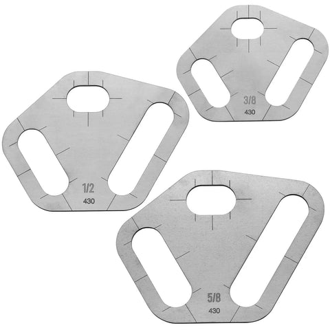 Three Piece Plasma Stencil Set with 0.430 Inch Tri Slot Cutters and Guides, showing steel templates for precise metal fabrication cuts.