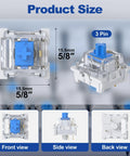 80 Count Blue Mechanical Keyboard Switches With 3 Pin Pre Lubricated Design For Smooth Quiet Gaming And Typing In A Dope DIY Build Pack That Delivers Consistent Keystrokes And Easy Installation. front, side, and back views with 15.5mm size