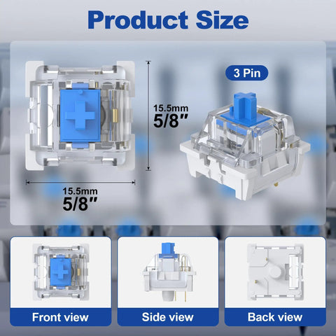 80 Count Blue Mechanical Keyboard Switches With 3 Pin Pre Lubricated Design For Smooth Quiet Gaming And Typing In A Dope DIY Build Pack That Delivers Consistent Keystrokes And Easy Installation. front, side, and back views with 15.5mm size