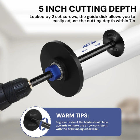 PVC Pipe Internal Cutter Set with 360 Degree Rotating Cutting Tool, adjustable depth gauge, seen cutting 5 inch PVC pipe.