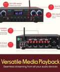 Front and back view of Home Stereo Receiver With Bluetooth 800W Peak Power 4 Channel Amplifier And USB MP3 Player Karaoke Mic Control Echo Reverb And Delay RCA In Out SD Card FM Radio For Party Ready Vibe And Big Home Theater Sound, featuring USB, SD, RCA, and mic inputs