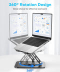 Grab And Go Portable Laptop Stand With 360 Degree Rotation Base, shown with a laptop, fits 10 to 16 inch devices, black