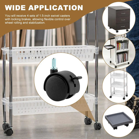 Four Pack 1.5 Inch Swivel Caster Wheels With Locking Brakes And 6.25 Millimeter Straight Stem shown on a plastic cart for easy mobility.