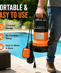 Heavy Duty Workhorse Submersible Sump Pump Featuring Reliable Automatic Float Switch For Rapid No Sweat Water Drainage With 0.5Hp 110V High Capacity Motor held near a pool.
