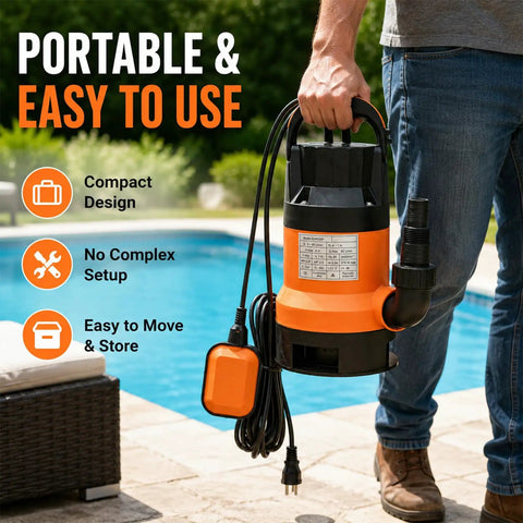 Heavy Duty Workhorse Submersible Sump Pump Featuring Reliable Automatic Float Switch For Rapid No Sweat Water Drainage With 0.5Hp 110V High Capacity Motor held near a pool.
