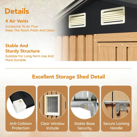 Details of 6X4Ft Garden Storage Shed With Lockable Door Steel Tool Shed With Clear Window Anti Corrosion Metal Shed features and air vents