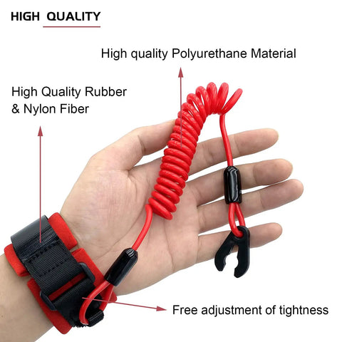 Hand holding Emergency Kill Switch Lanyard Replacement for Jet Ski and Personal Watercraft with coiled red safety cord.