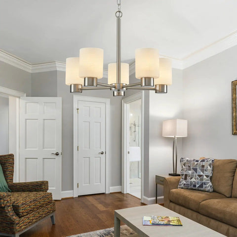 Five Light Bathroom Vanity Light Fixture Over Mirror In Brushed Nickel With E26 Base Modern Sconce For Bedroom And Living Room 110 Volt 60 Watt Max Bulbs Not Included, shown in a living room setting.
