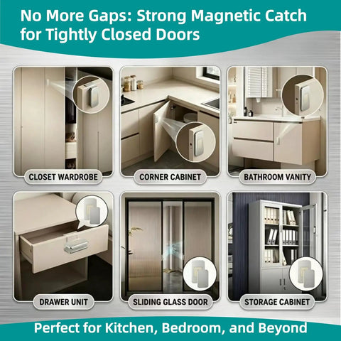 Eight Pack Ultra Thin Magnetic Cabinet Door Catches With Adhesive Mount No Drill Stainless Steel Drawer Latch For Kitchen RV Closets Wardrobe 0.08 Inch Thick Silver Finish shown in various cabinet applications.