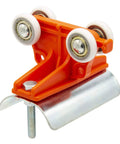 Orange plastic festoon trolley with four white roller wheels and mounting bolt for C-track cable system