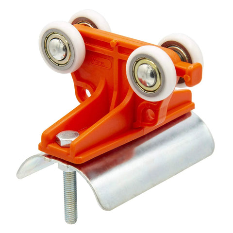 Orange plastic festoon trolley with four white roller wheels and mounting bolt for C-track cable system