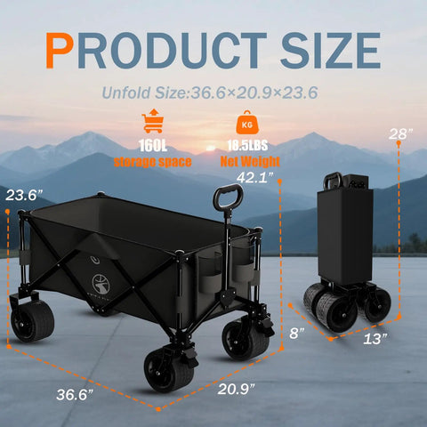 Foldable Wagon With Silent All Terrain Wheels And Brakes, Heavy Duty Beach Cart For Camping Garden Shopping And Sports, Large Collapsible Wagon With Cup Holders, Easy Open And Close Black
