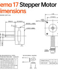 NEMA 17 stepper motor technical diagram showing front and side views with shaft, connector, and mounting dimensions.
