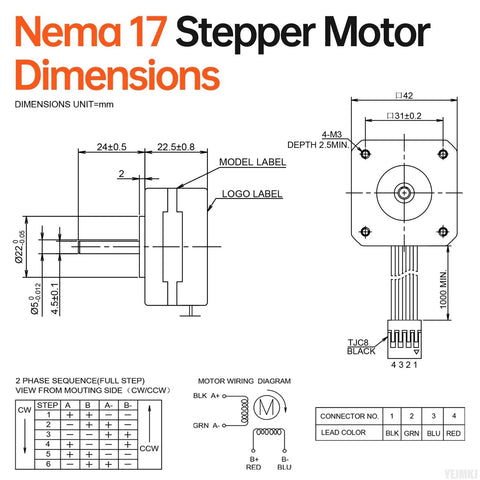 NEMA 17 stepper motor technical diagram showing front and side views with shaft, connector, and mounting dimensions.