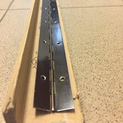 4 Pack 304 Stainless Steel Piano Hinges on display in packaging, ideal for heavy duty rustproof door hardware projects.