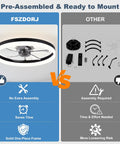 Comparison of Smooth Breeze 20 Inch Ceiling Fan With Light And Remote Low Profile Flush Mount, pre-assembled vs assembly required.