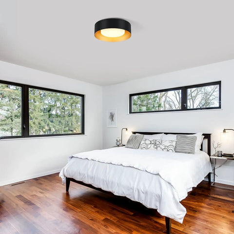 Modern Black And Gold Flush Mount Ceiling Light With Glass Drum Shade Close To Ceiling Round Fixture in bedroom setting