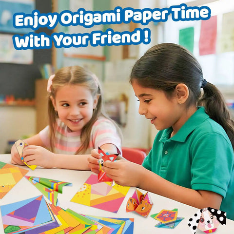 Two girls enjoying Origami Kit For Kids Ages Five To Twelve With 152 Papers And 72 Patterns in classroom