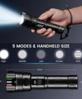 Ridiculously Bright 100000 Lumens USB C Rechargeable LED Flashlight With Long Range in hand showing five lighting modes