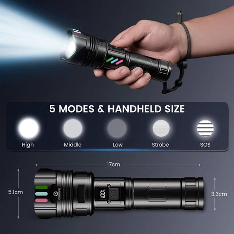 Ridiculously Bright 100000 Lumens USB C Rechargeable LED Flashlight With Long Range in hand showing five lighting modes