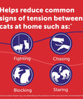 Infographic showing how Calming Plug In Diffuser Starter Kit For Cats 30 Day Pheromone Diffuser helps reduce fighting, chasing, blocking, staring.
