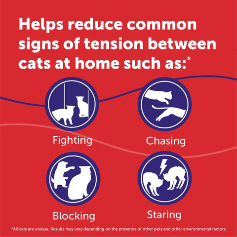Infographic showing how Calming Plug In Diffuser Starter Kit For Cats 30 Day Pheromone Diffuser helps reduce fighting, chasing, blocking, staring.