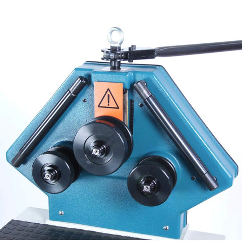 Front view of Variable Speed Ring Roll Bender for 2 Inch Tubing and 1.5 Inch Schedule 40 Pipe with ratchet top shaft and industrial transmission.