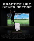 Golf simulator rig with screen, launch monitor, and turf, showcasing the All In One Indoor Golf Studio Simulator Rig With 12 Foot Enclosure.