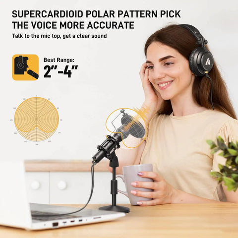 Woman using Dual USB And XLR Dynamic Podcast Mic Kit With Volume Control Shock Mount And Pop Filter for vocals and streaming