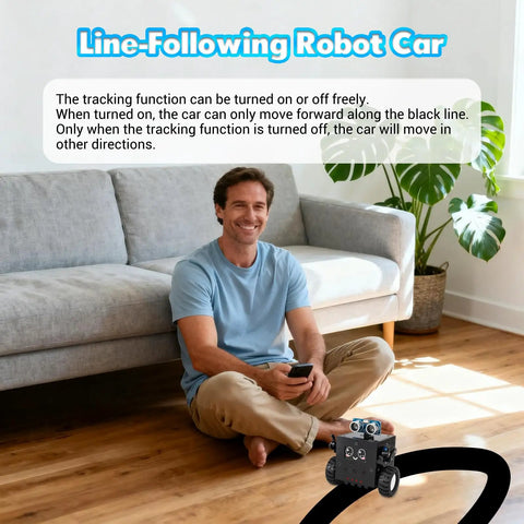 DIY Robot Kit Soldering Project For Teens And Adults With Time And Expressions Display Interactive Robot Car Soldering Practice Kit STEM Education For Back To School And Hands On Experiments, line-following robot car on floor