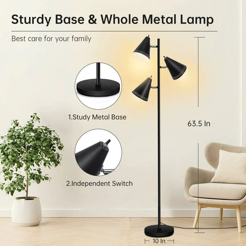 Triple Head Floor Lamp With 9W LED Bulbs, Three Color Temperature Settings, Adjustable Metal Lamp Shades, Three Independent Switches