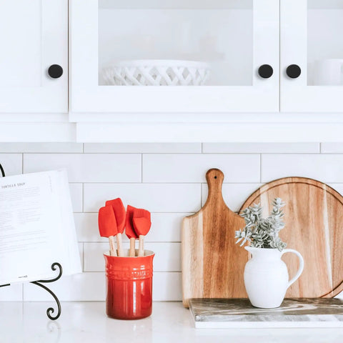 Rock Solid Matte Black Knurled Cabinet Knobs And Round Drawer Pulls For Kitchen Cabinetry Slick Aluminum Zinc Alloy Furniture Handles With Zero Fuss Install Mounting Screws 10 Pack on kitchen cabinetry with red spatulas.
