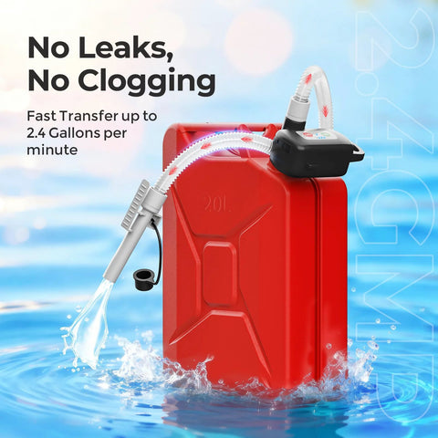 Red gas can with Rechargeable Fuel Transfer Pump With Auto Stop Sensor for fast 3.2 GPM flow, shown on blue water background