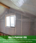 Attic with Clear 6 Mil Plastic Sheeting 40x50 Foot Drop Cloth For Painting, Vapor Barrier, And Crawl Space Protection installed on walls