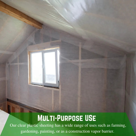 Attic with Clear 6 Mil Plastic Sheeting 40x50 Foot Drop Cloth For Painting, Vapor Barrier, And Crawl Space Protection installed on walls