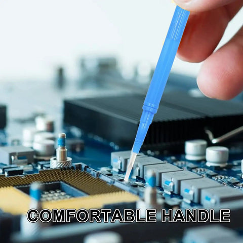 Four Piece Ceramic Screwdriver Set With Non Conductive Slotted Tips And Anti Static Plastic Build For Safe Electronics Work Featuring ergonomic blue handle over a circuit board.