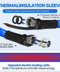 Side view of HOHOMETIC heated RV water hose with thermal insulation sleeve and 1/2-inch stainless steel fittings