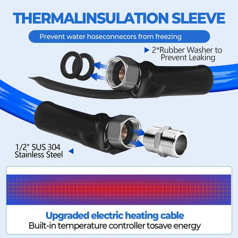 Side view of HOHOMETIC heated RV water hose with thermal insulation sleeve and 1/2-inch stainless steel fittings