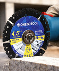 Close-up view of a 3 Piece 4-1/2 Inch Diamond Multi-Purpose Saw Blade for Angle Grinder cutting stone, built tough for fast cuts.