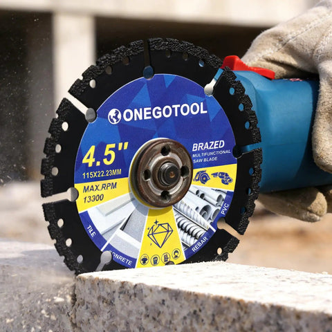 Close-up view of a 3 Piece 4-1/2 Inch Diamond Multi-Purpose Saw Blade for Angle Grinder cutting stone, built tough for fast cuts.