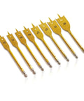 8 Piece Spade Drill Bit Set For Woodworking 3/8 To 1-1/2 Inch Titanium Coated Carbon Steel With 1/4 Inch Hex Shank, paddle bits lined up
