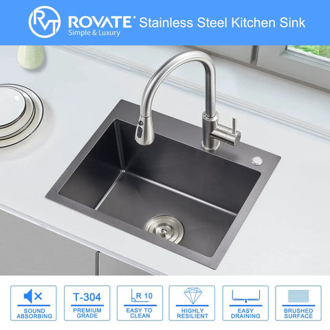 Drop In Topmount Kitchen Sink With Bold Black Nano Titanium Finish, 22 By 18 Inch, Single Bowl, SUS304 Stainless Steel