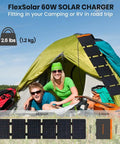 60W Portable Solar Panel Charger With PD3.0 USB C QC3.0 USB A And DC Output displayed outside a tent