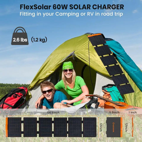 60W Portable Solar Panel Charger With PD3.0 USB C QC3.0 USB A And DC Output displayed outside a tent